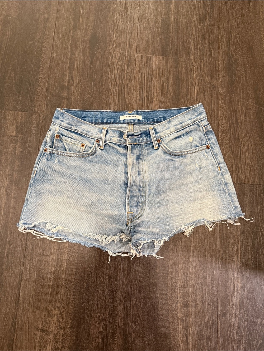 GRLFRND Washed Light Blue Distressed Denim Shorts